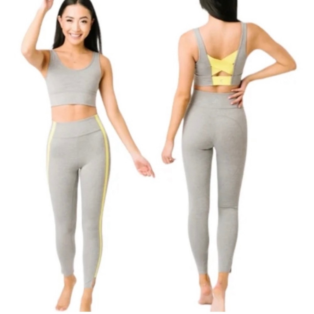 NWT Zyia Active Gray Neon Yellow Tape 7/8 Leggings and Bra Set M
